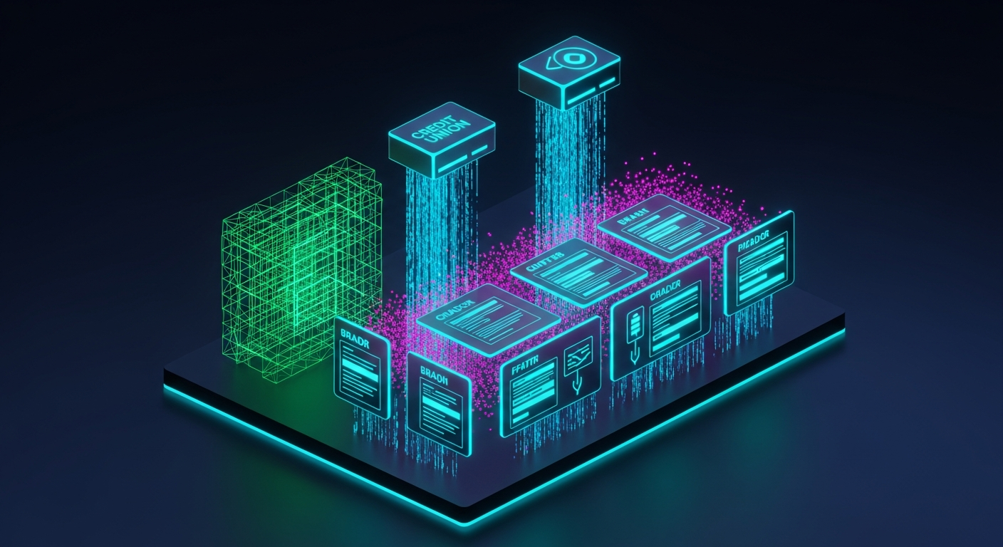 Modern digital visualization of a credit union design system showing floating UI components connected by blue data streams