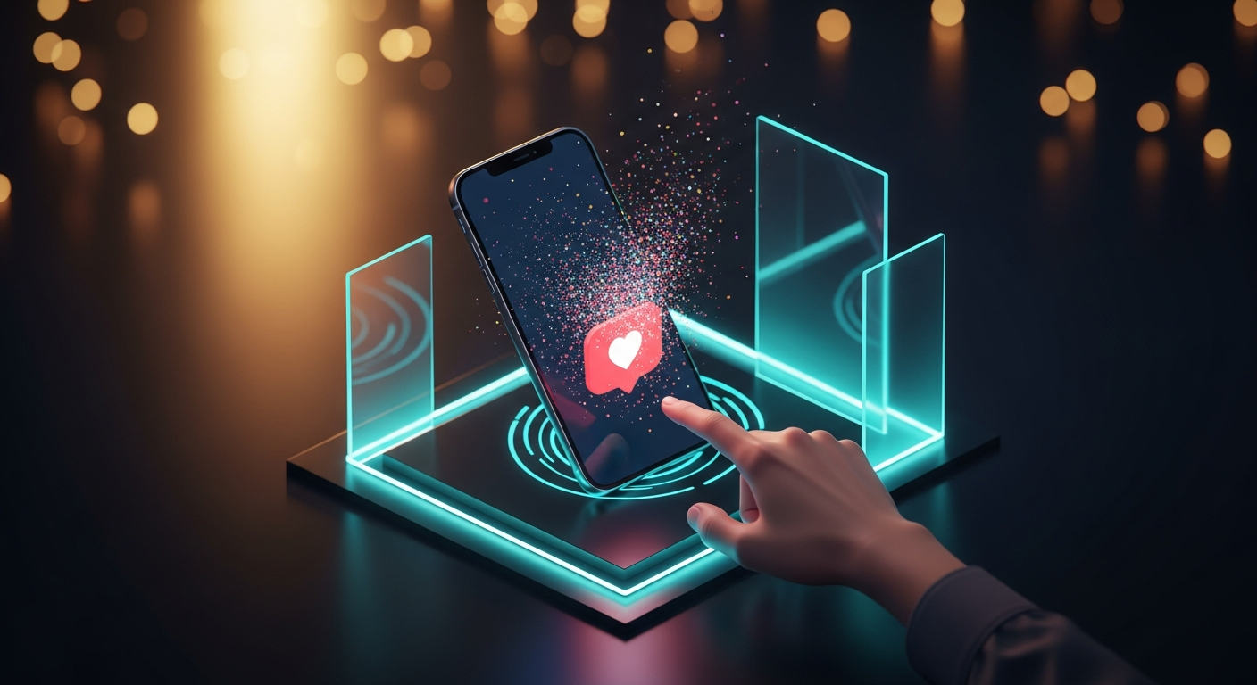 A UX designer's hand interacting with a smartphone screen showing a burst of colorful confetti particles from a heart icon animation in a warm studio setting
