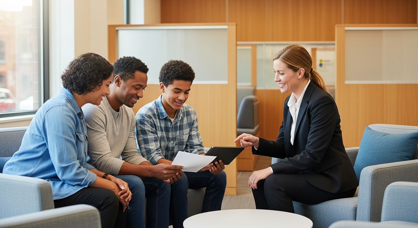 Warm editorial photograph of a diverse family with a credit union financial advisor reviewing student loan documents together on a tablet in a modern branch