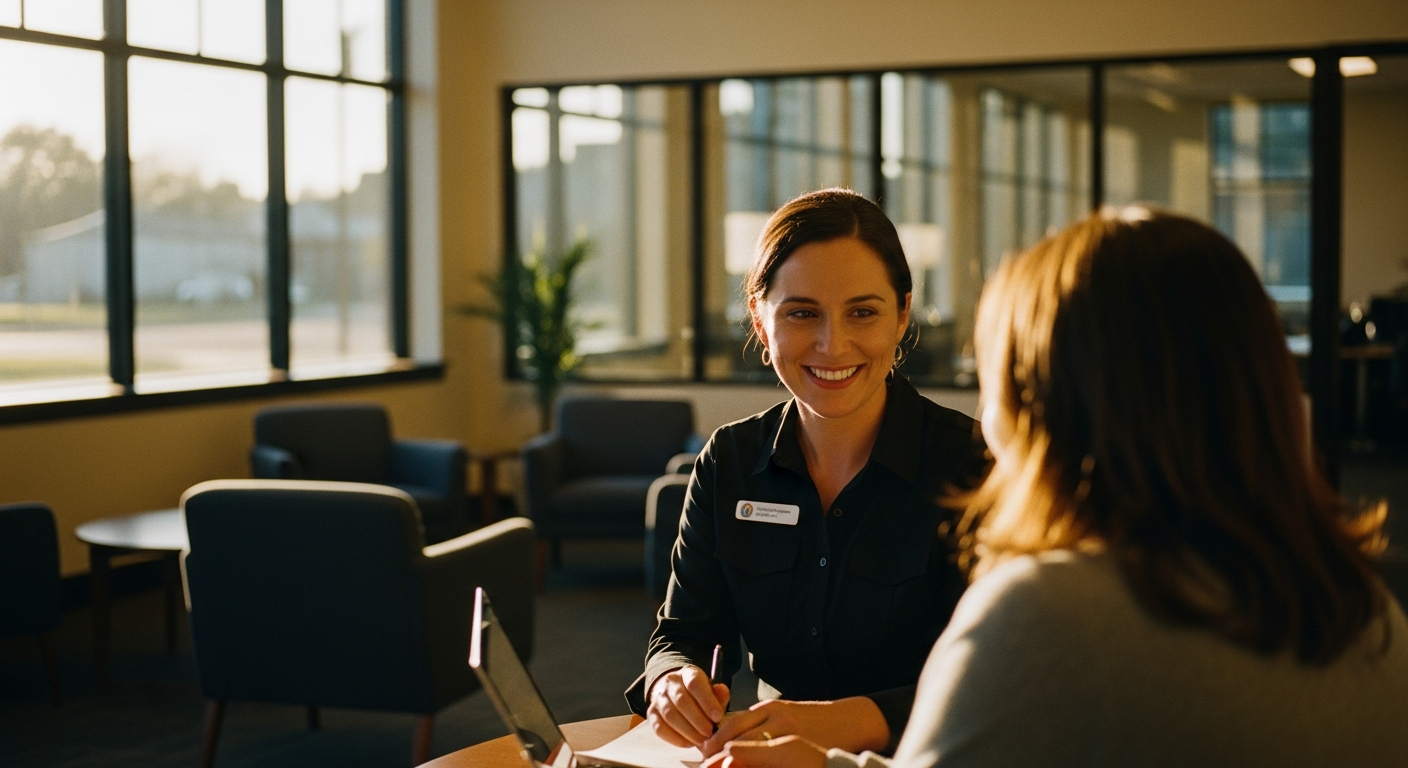 Credit union professional using video banking technology to assist a member with digital account opening in a warm, naturally-lit branch office