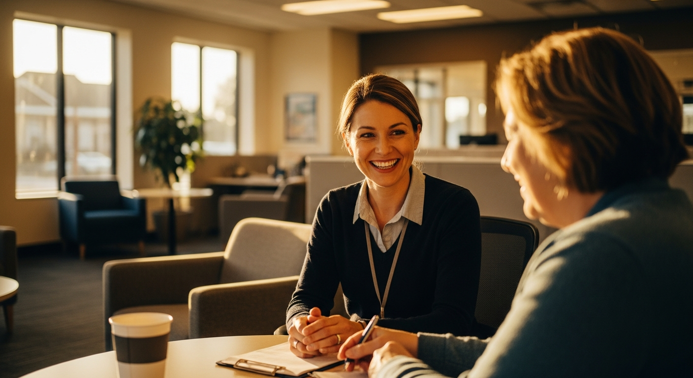 credit union website - Credit union professional guiding a member through digital account opening with warm natural office lighting