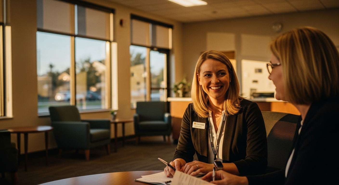 credit union video banking - Credit union executive and technology team evaluating video banking platform options on a large display screen in a modern office setting
