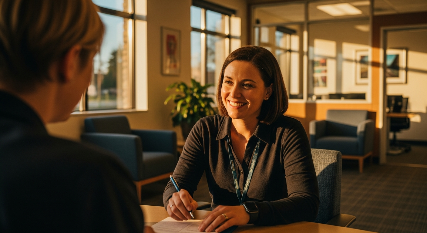 credit union video banking security - Credit union member in a video banking session with a professional service representative in a warm branch environment