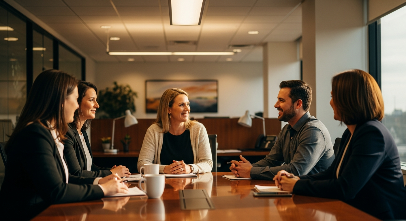 credit union website - Credit union professionals collaborating around a conference table with warm natural lighting in a modern office environment