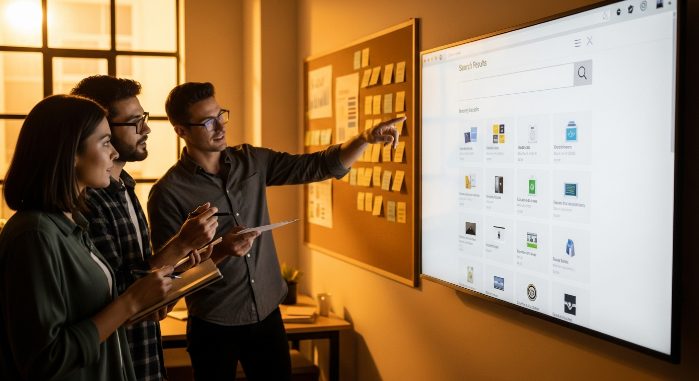 Product team reviewing search results page on a large screen in a collaborative workspace