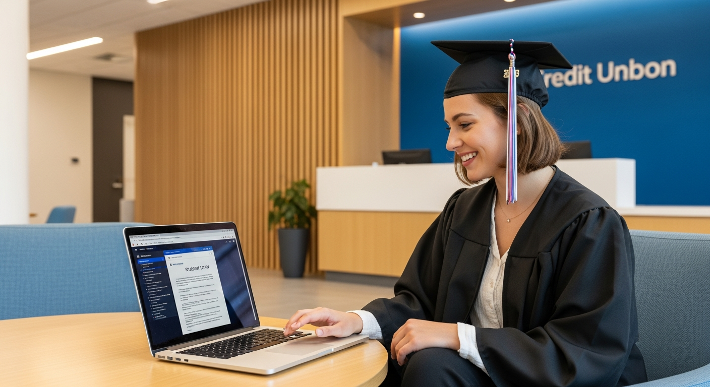 Photorealistic editorial photograph of a young college graduate in cap and gown reviewing student loan documents on a laptop in a modern credit union branch