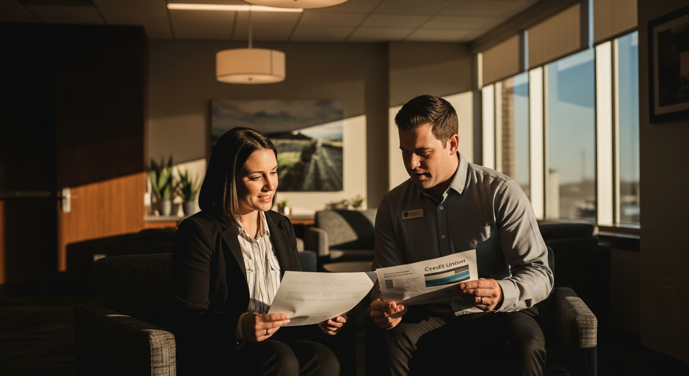 credit union video banking - Two credit union professionals reviewing video banking training materials together at a sunlit office table