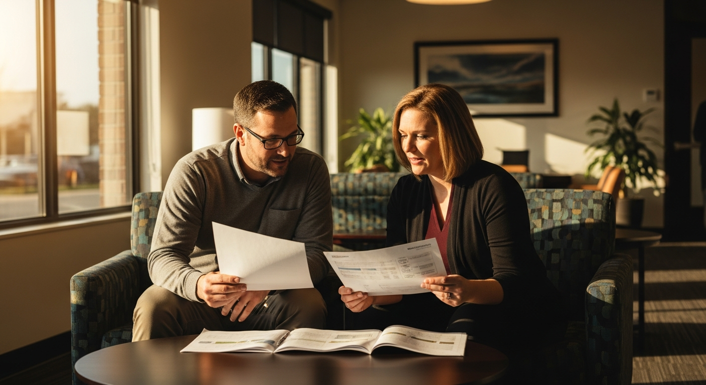 credit union website - Credit union professionals collaborating on digital account opening strategy with documents and reports in a warm, naturally lit office environment