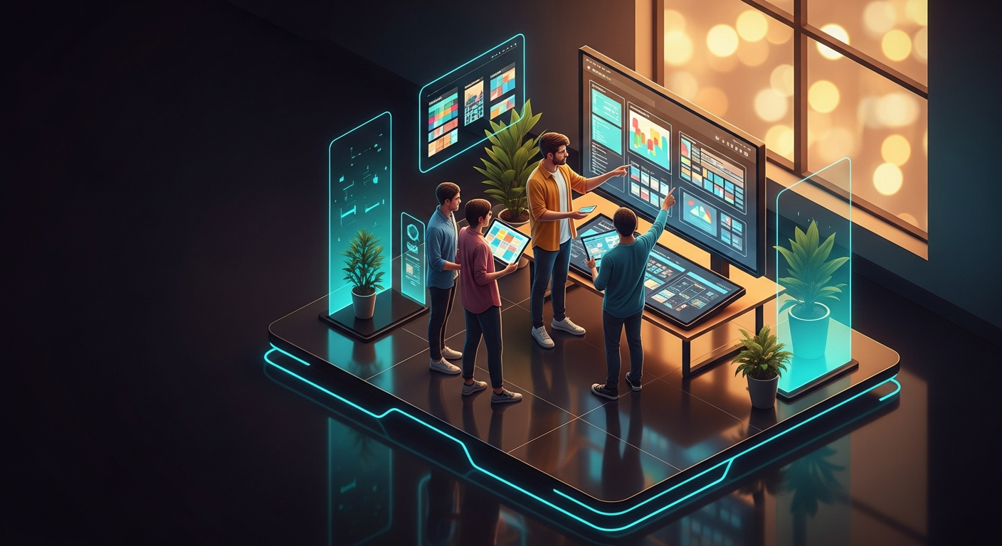 Two product designers collaborating on a design system in a sunlit modern office, reviewing interface patterns on a large display