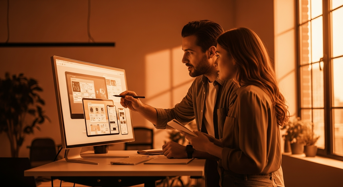 Two UX designers collaborating at a standing desk reviewing adaptive UI layouts across multiple device form factors