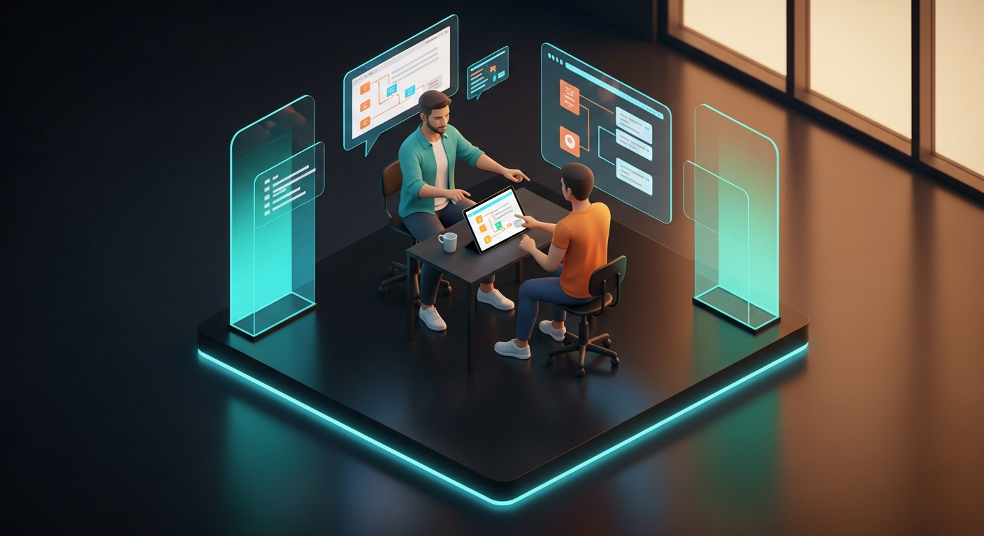 UX designer observing a participant navigating a website navigation tree on a tablet during a usability testing session