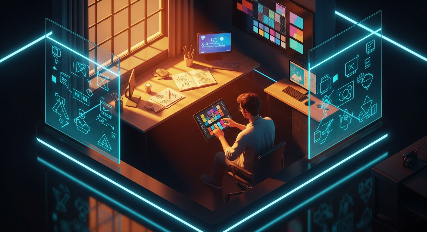 UX designer working on typography and spacing tokens on a tablet in a sunlit modern office space