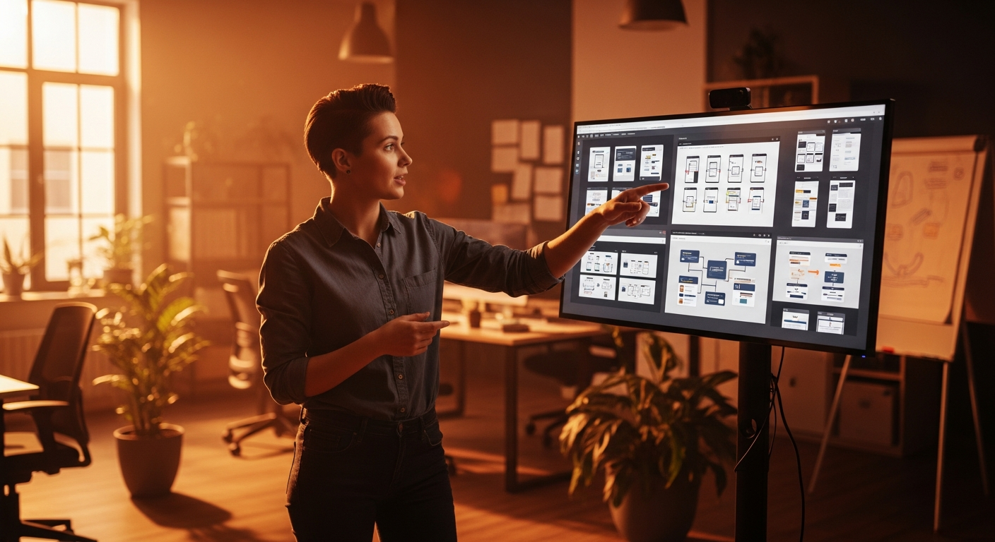 UX designer pointing at interface prototypes on a monitor, showing button states and interactive elements