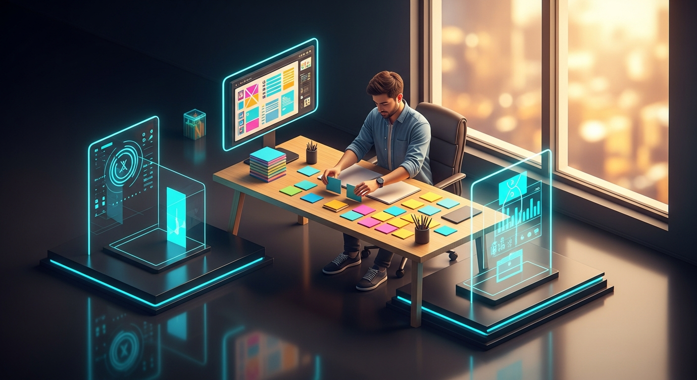 UX designer sorting colorful index cards into organized groups on a modern wooden desk in a warm, sunlit office