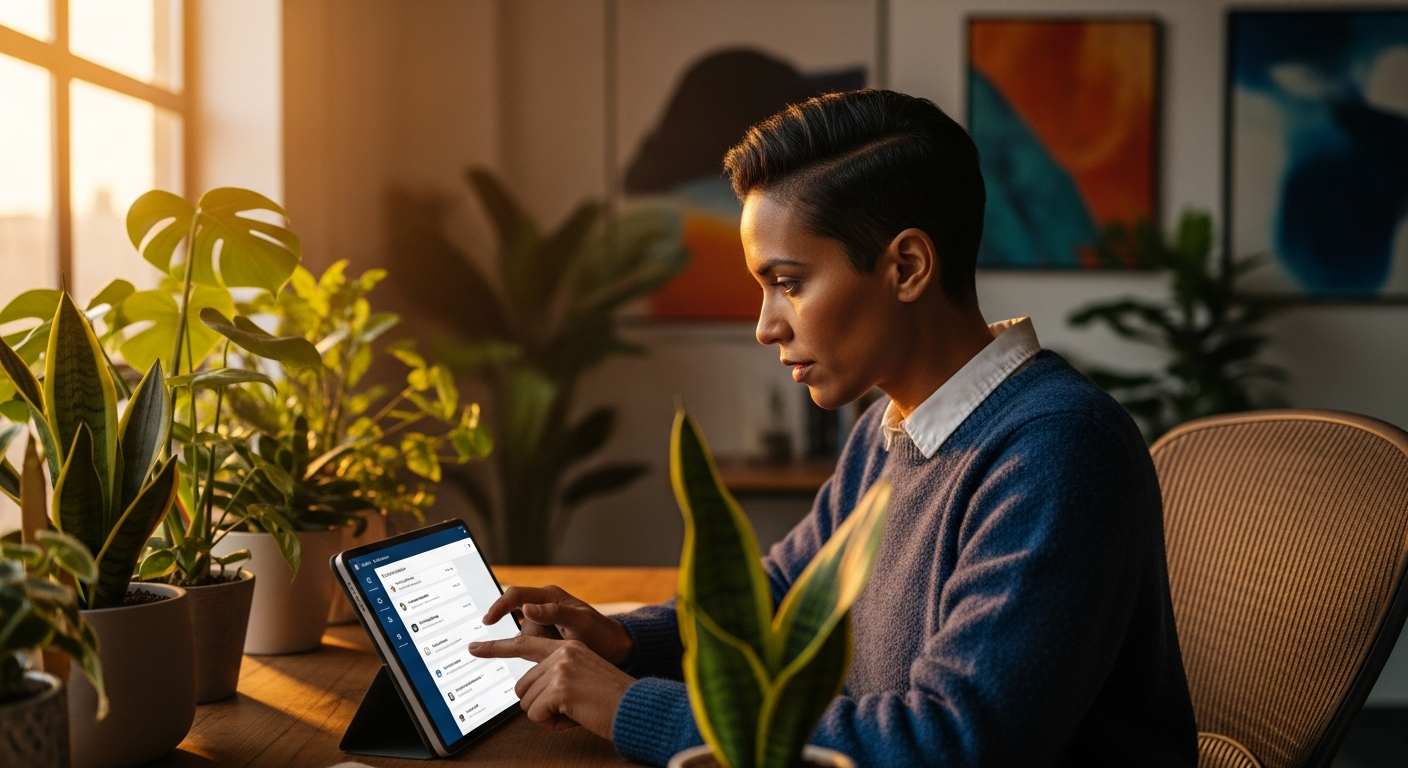 Designer testing search filter options on a tablet in a modern sunlit workspace
