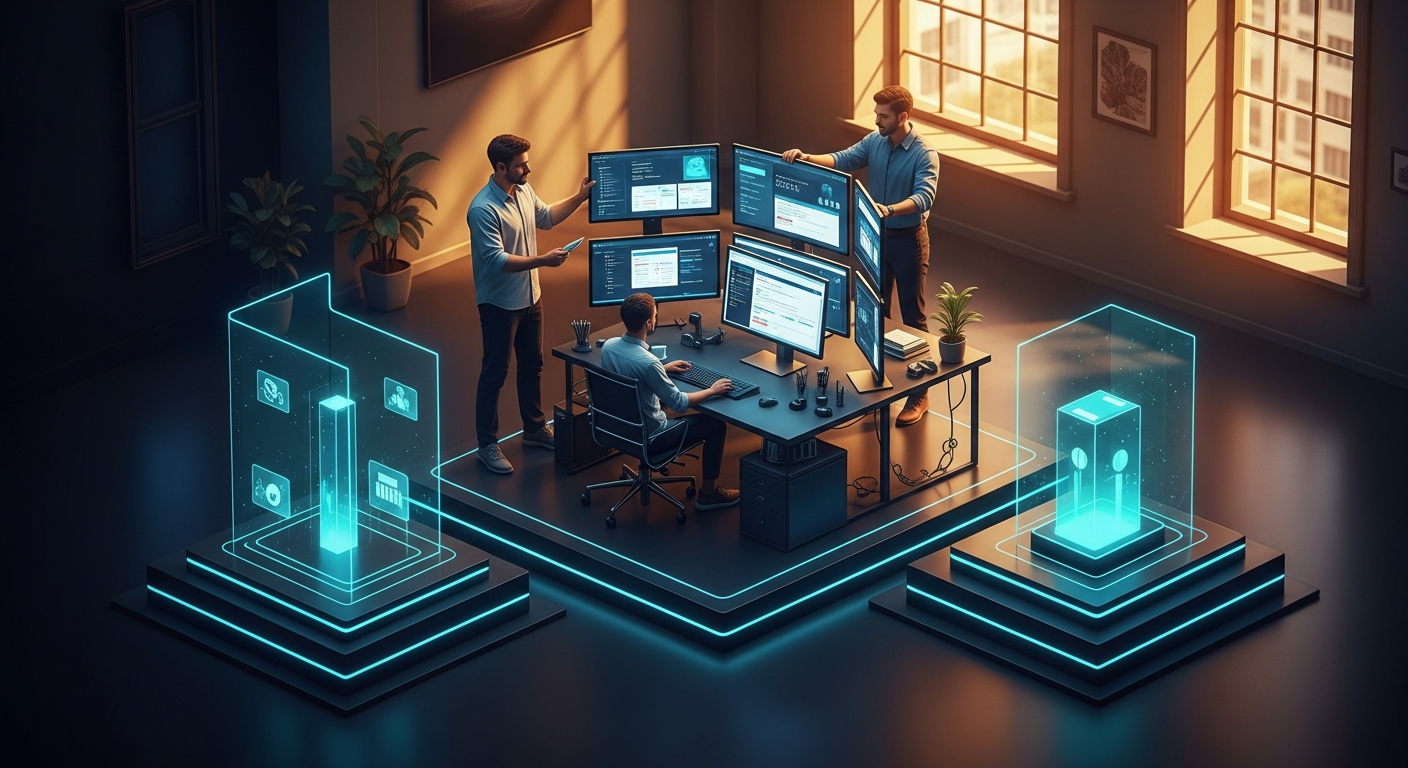 Modern credit union technology workspace showing video banking integrated with digital account opening software on a dual-monitor setup in a professional office environment with warm amber lighting