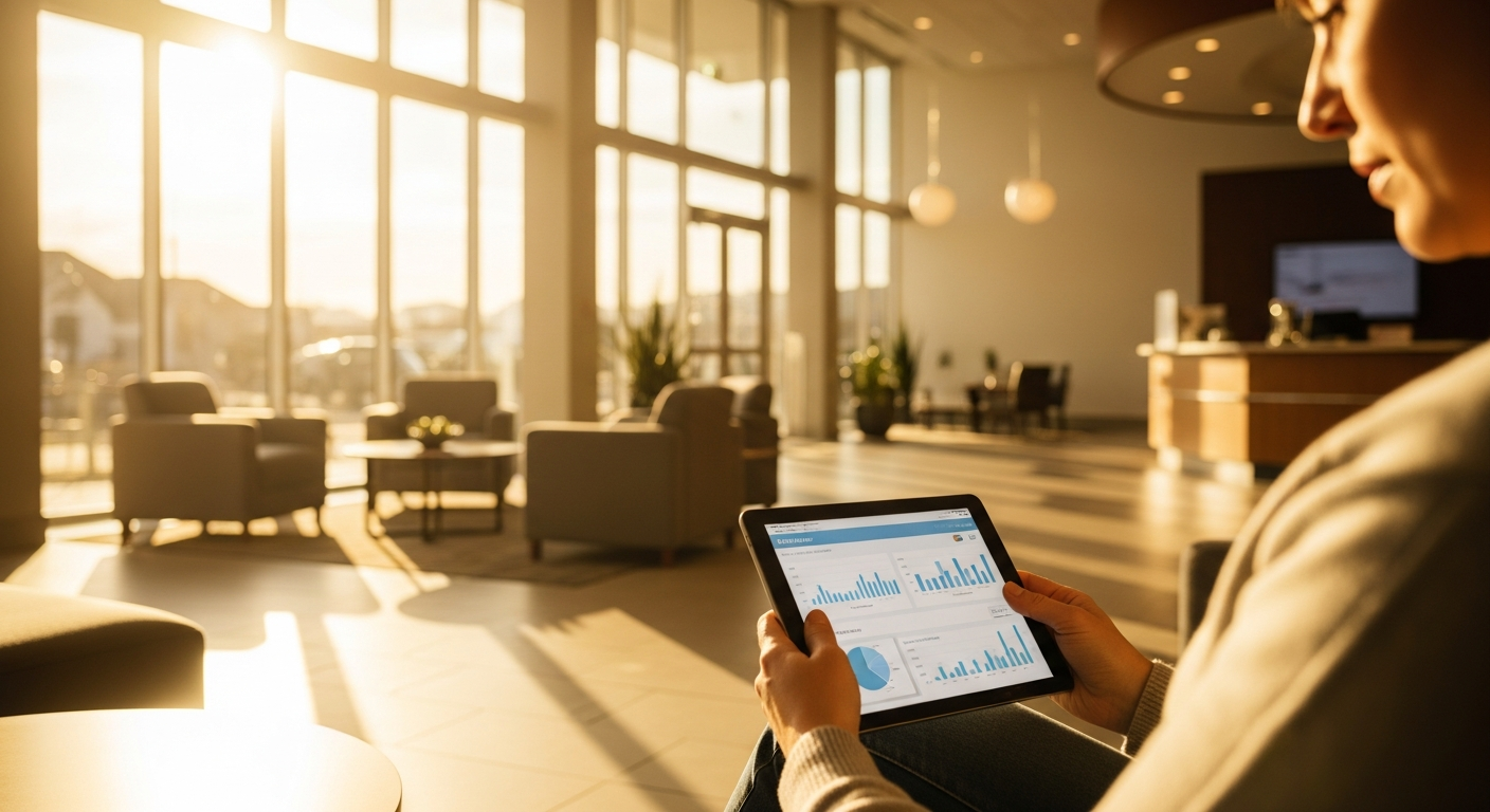 Credit union member reviewing financial documents with an advisor in a bright modern branch lobby with warm natural lighting