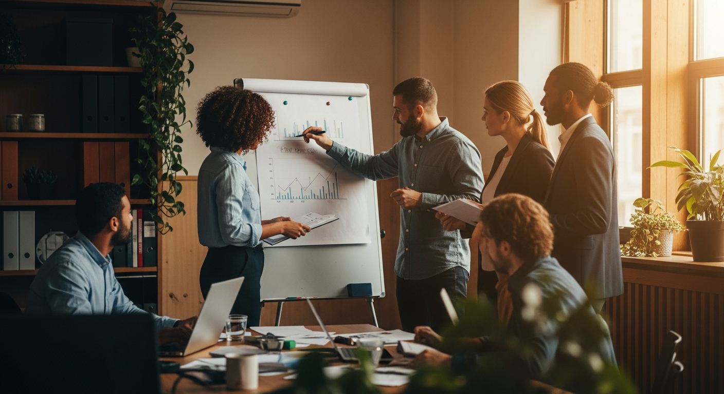 credit union website - Credit union executive team reviewing video banking financial projections and ROI model in a modern boardroom