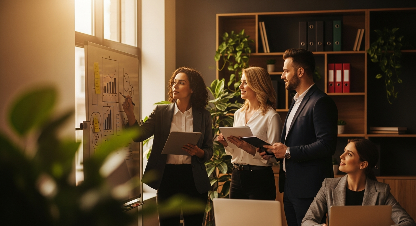Credit union team reviewing digital account opening workflow on a whiteboard in a modern bright office with warm natural lighting