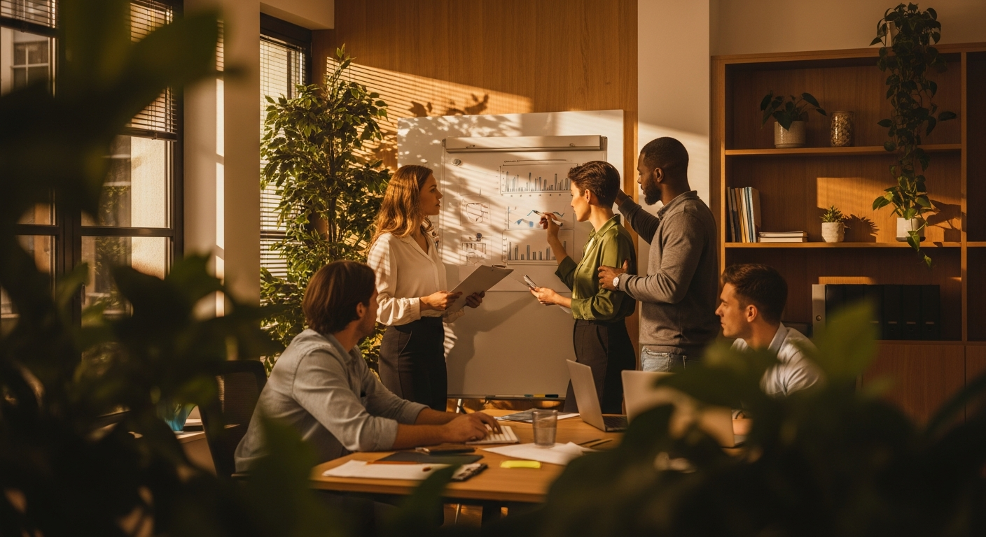 credit union website - Credit union member service team collaborating on member onboarding strategy in a bright modern office space