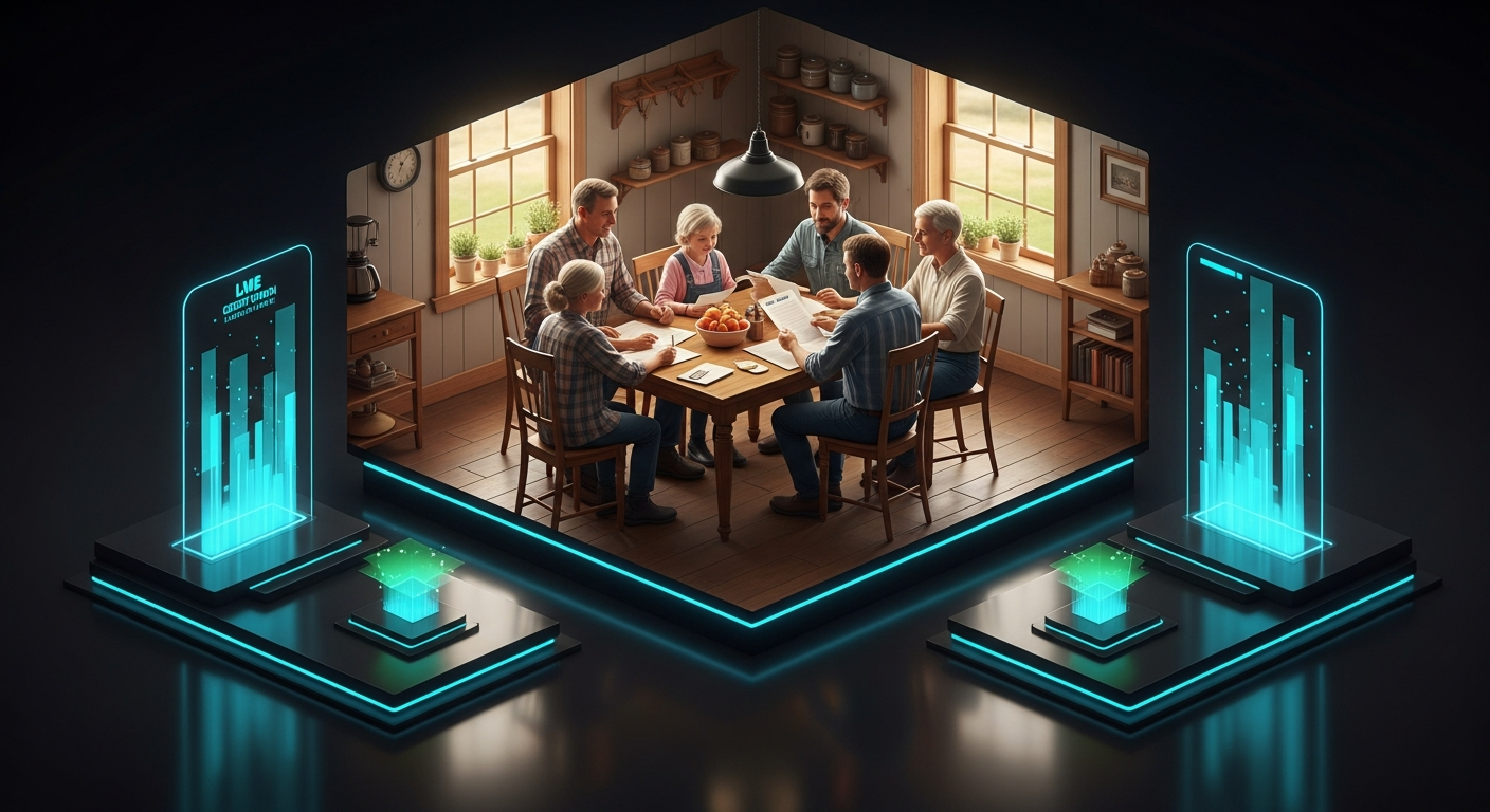 Multi-generational farm family sitting around a kitchen table with a credit union advisor reviewing loan documents in a rustic farmhouse