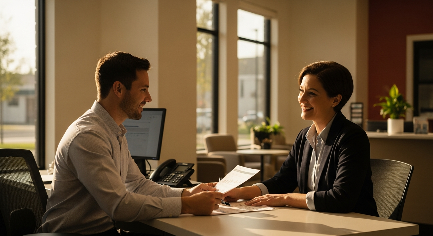 Credit union member reviewing account opening documents with a helpful advisor in a warm, naturally lit branch setting