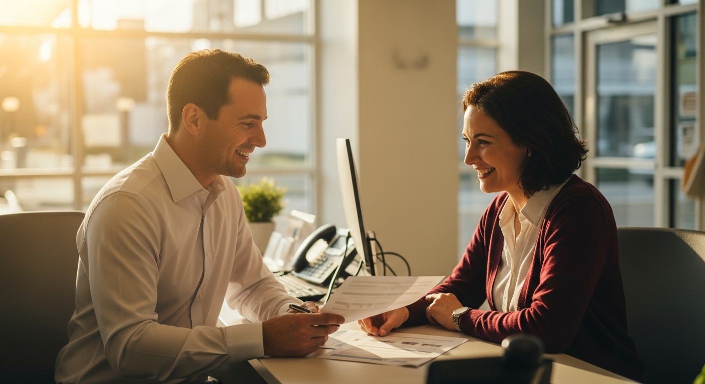 credit union website - Credit union member service representative assisting a prospective member with digital account opening through a video call while showing warm, professional banking environment with natural amber lighting