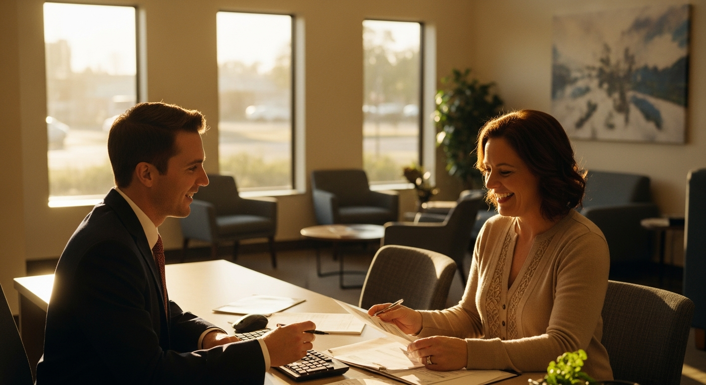 credit union website - A credit union advisor warmly assisting a member with financial documents at a desk in a modern branch lobby with warm natural lighting