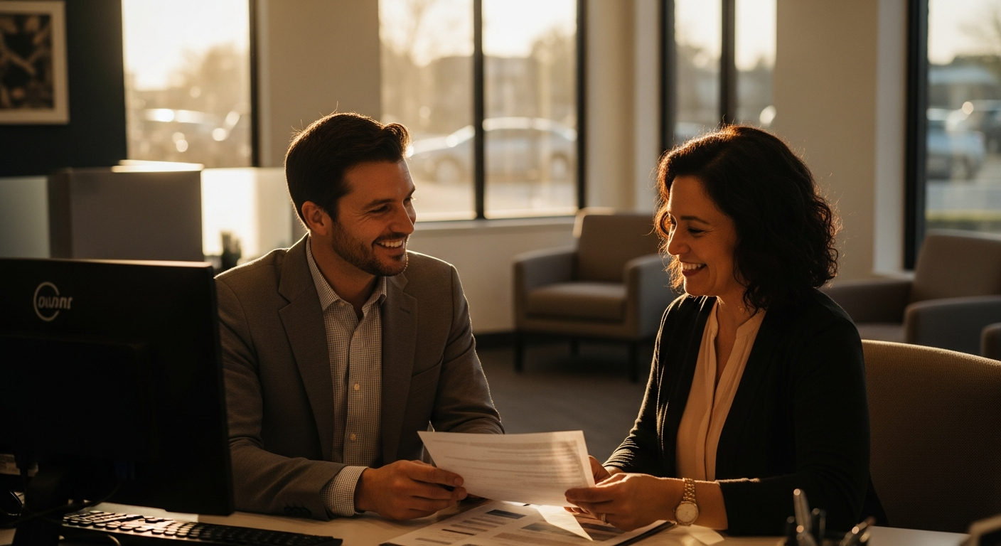 credit union AI personalization - Credit union advisor discussing personalization strategies with a member at a desk in a sunlit branch office