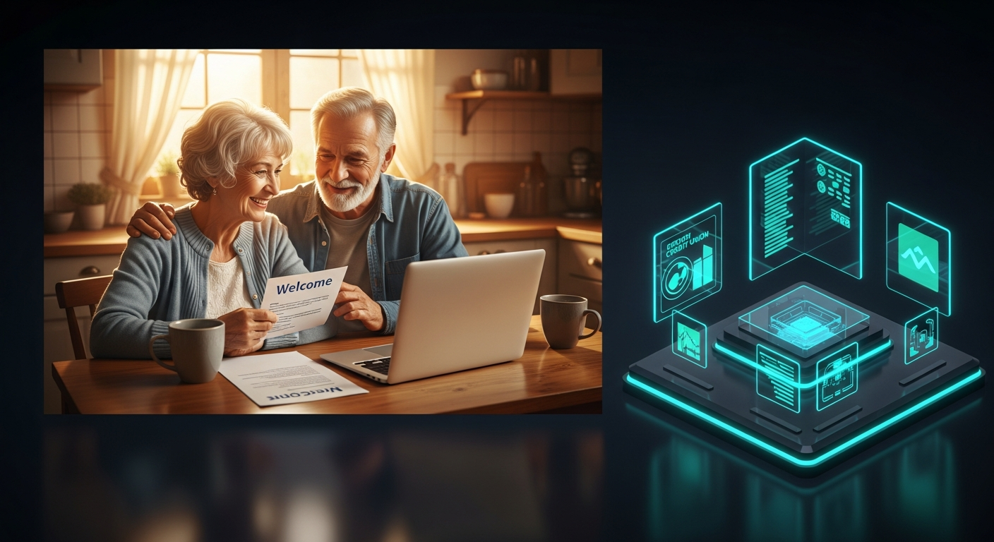 An older couple reviewing credit union merger information at their kitchen table, warm morning light, genuine expressions of reassurance