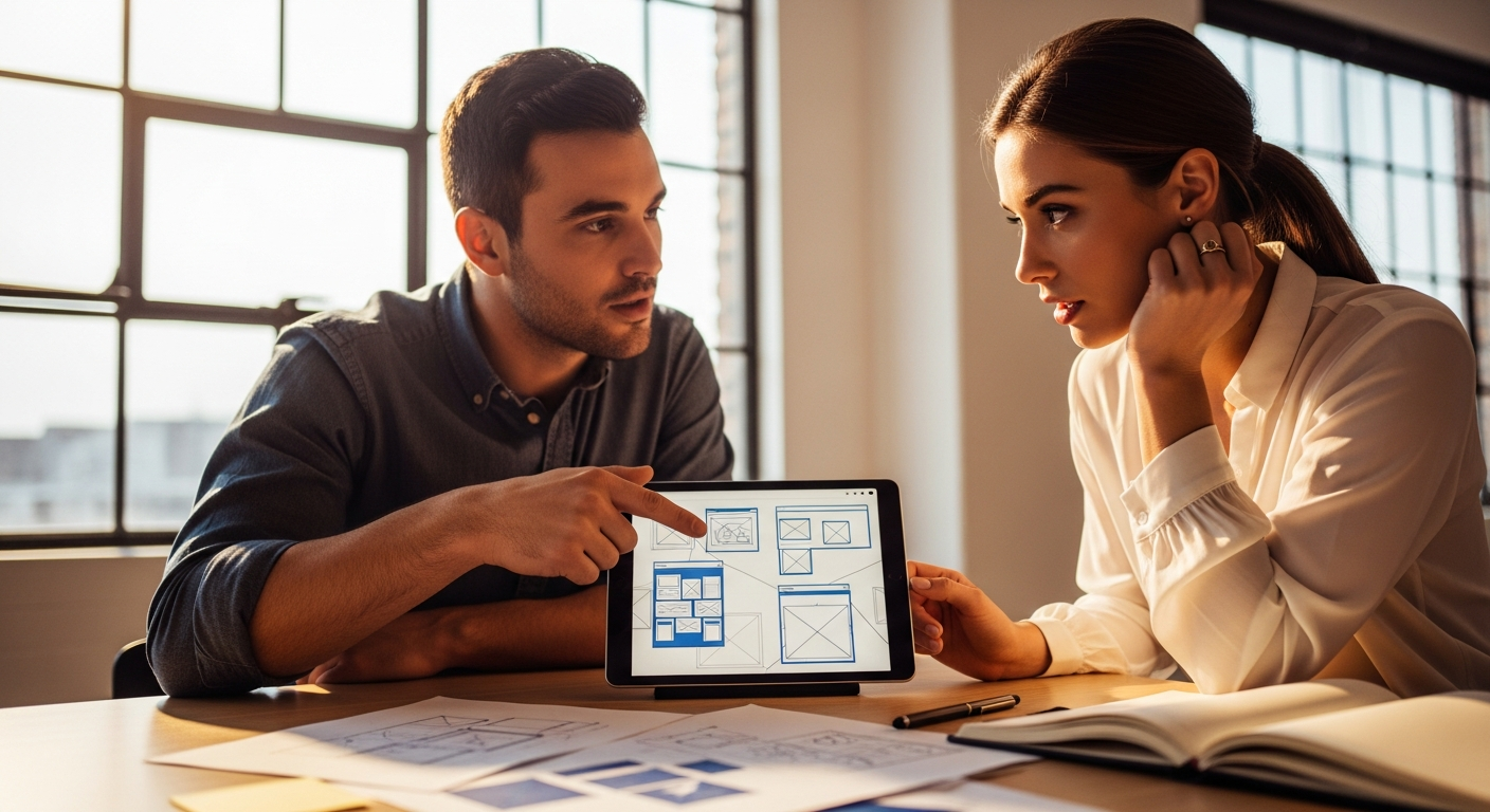 Two designers collaborating over a wireframe layout, discussing visual weight and element placement in a bright modern workspace