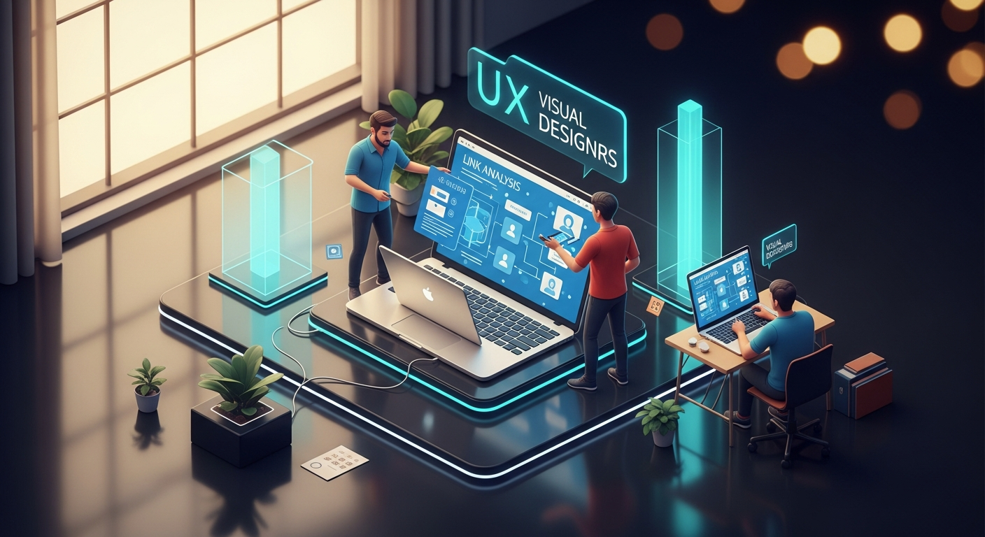 Two UX designers collaborating over a laptop, reviewing a user flow diagram and link analysis in a warm modern office space