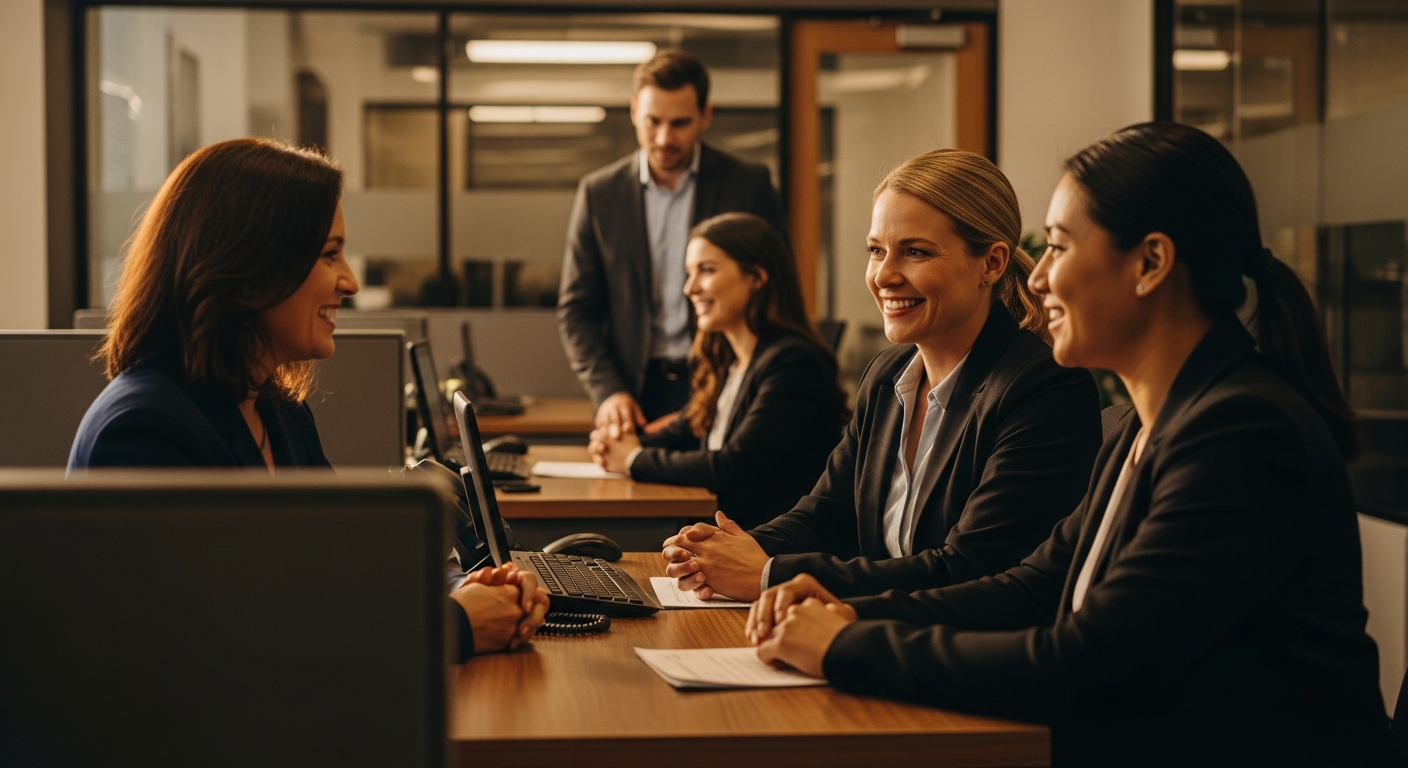 predictive member analytics credit union - Credit union professionals analyzing member data and predictive analytics insights in a warm, collaborative branch office environment