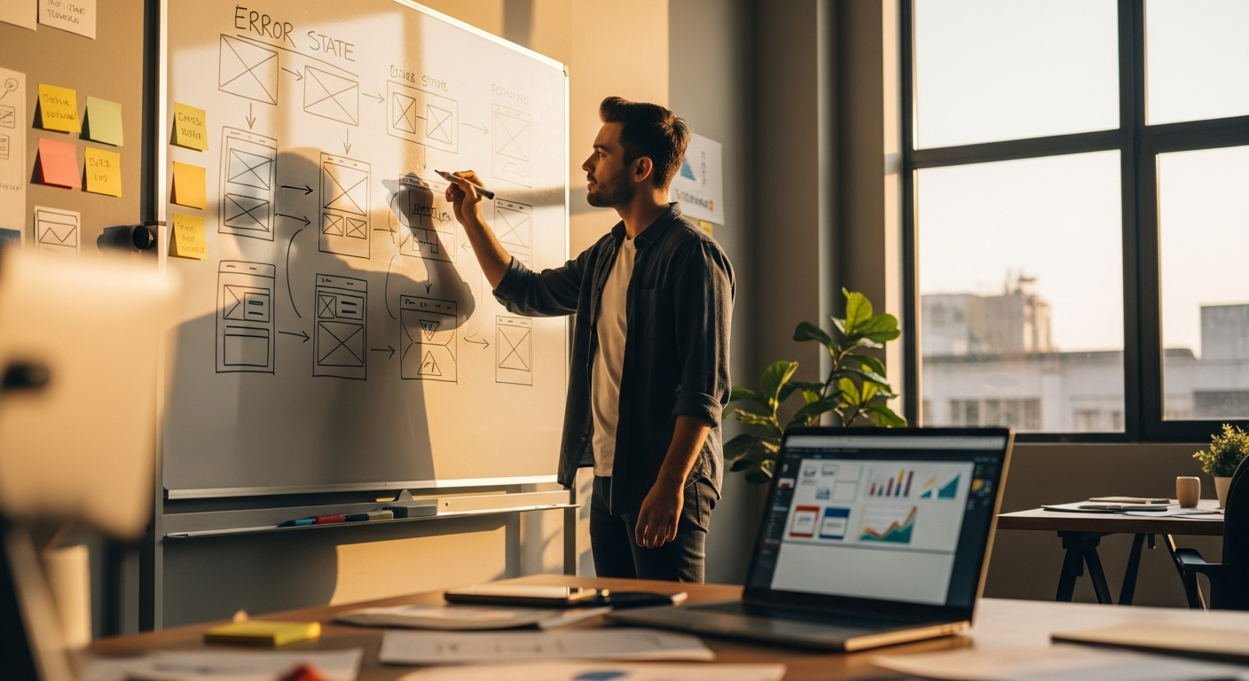 UX designer sketching error state wireframes on a whiteboard in a sunlit modern office