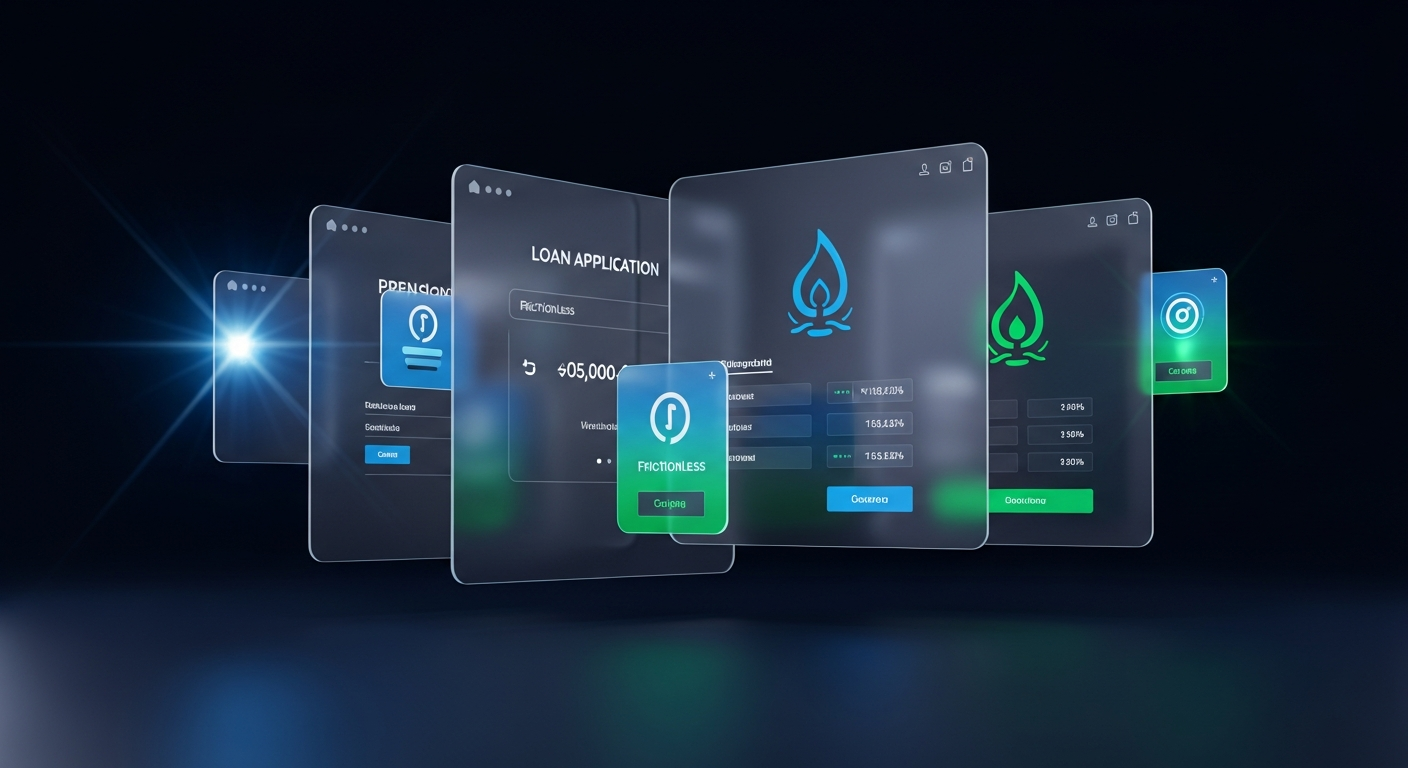 Modern digital loan application interface with progress tracking features and blue UI elements