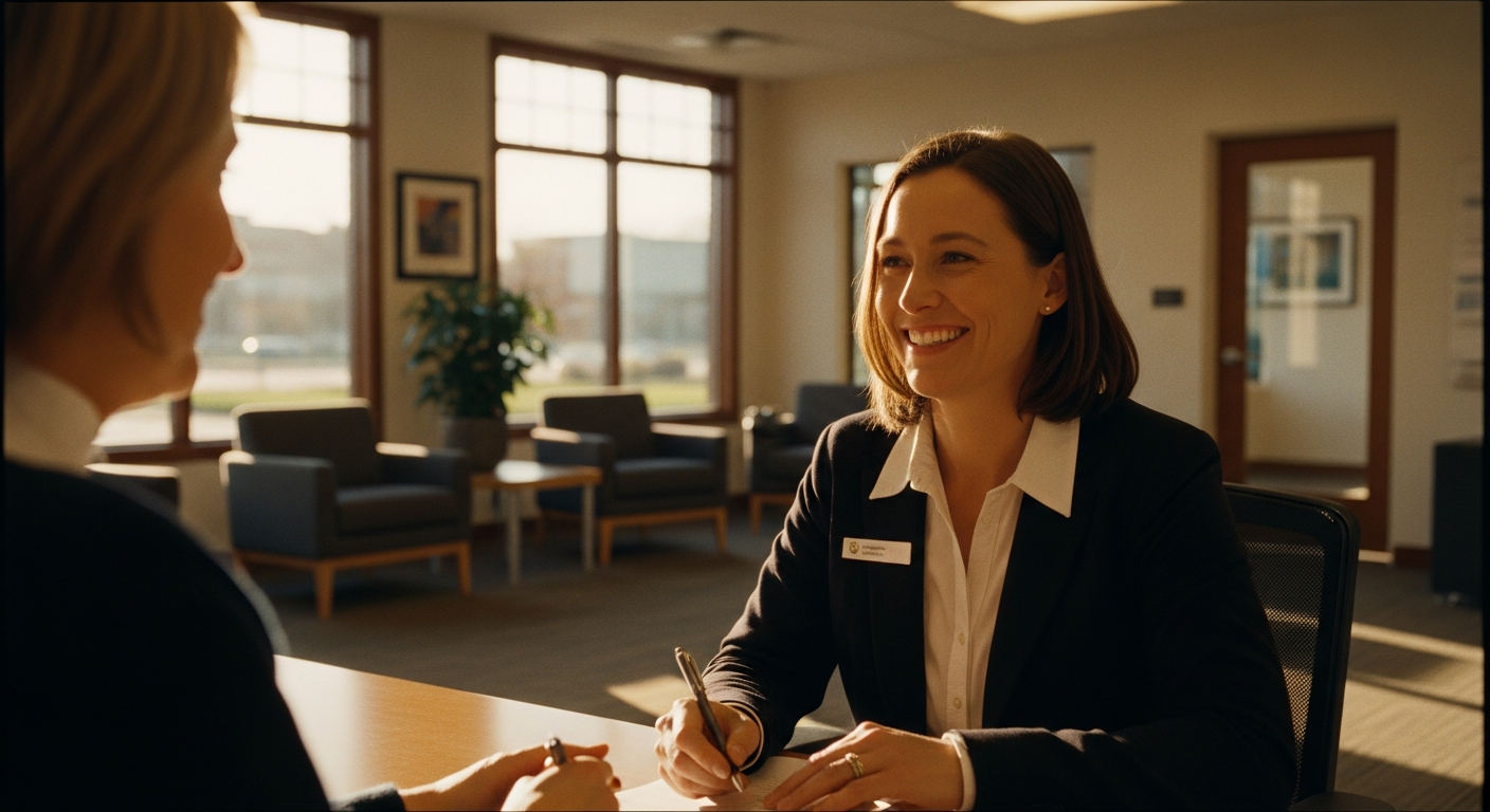 credit union video banking AI personalization - Credit union professional explaining AI personalization architecture on a digital tablet to a member in a sunlit modern branch office