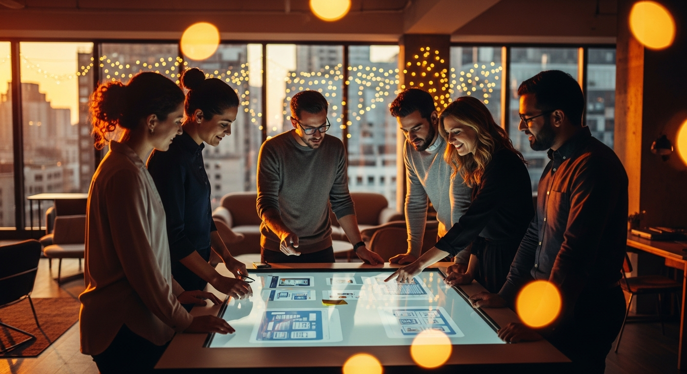 UX design team collaborating around an interactive touchscreen table in a modern design studio