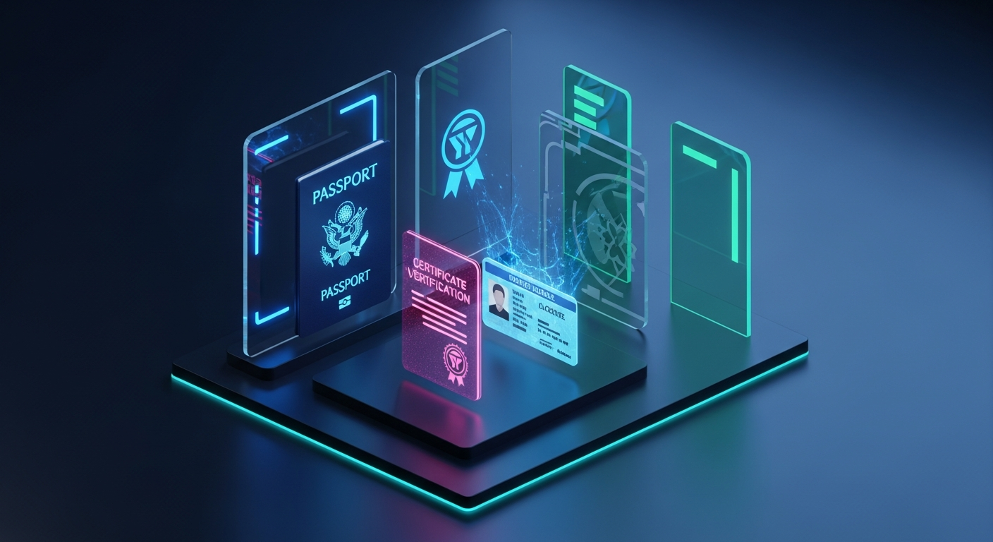 Credit union member verifying their identity by scanning a passport and drivers license on a smartphone at a well-lit desk in a modern home office