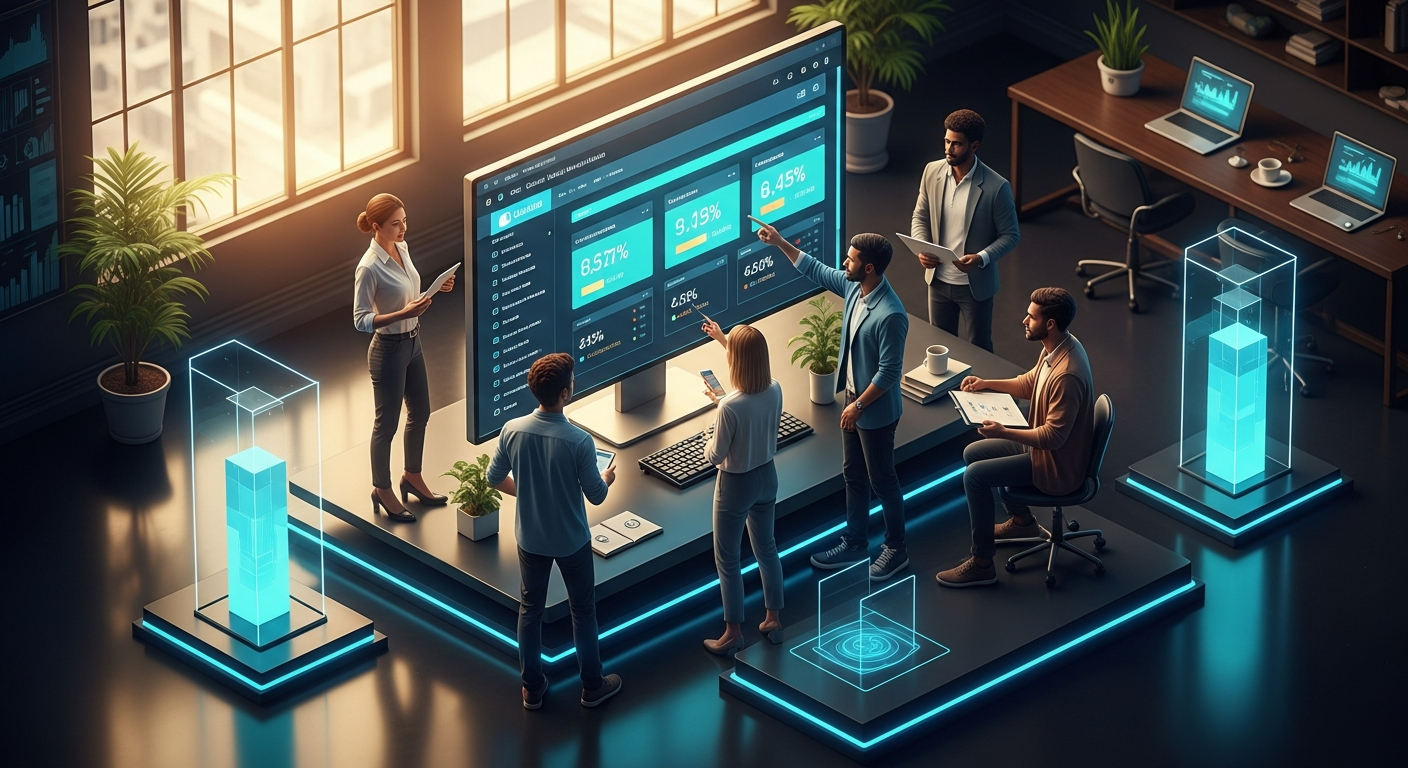 Credit union marketing team reviewing form analytics and conversion data on a large monitor in a modern office with warm natural lighting