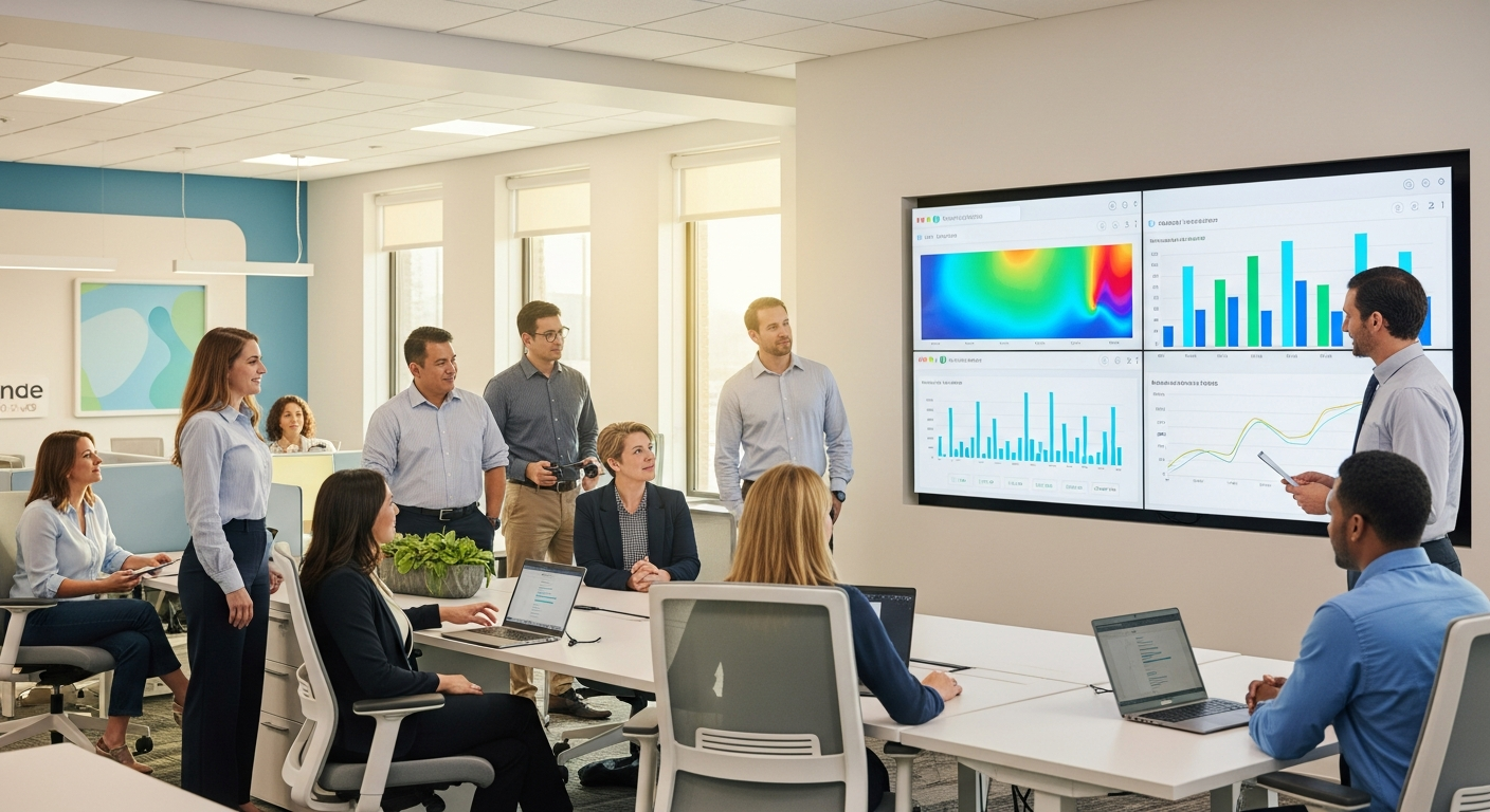 Credit union team reviewing website analytics heatmaps on a large digital display in a modern office