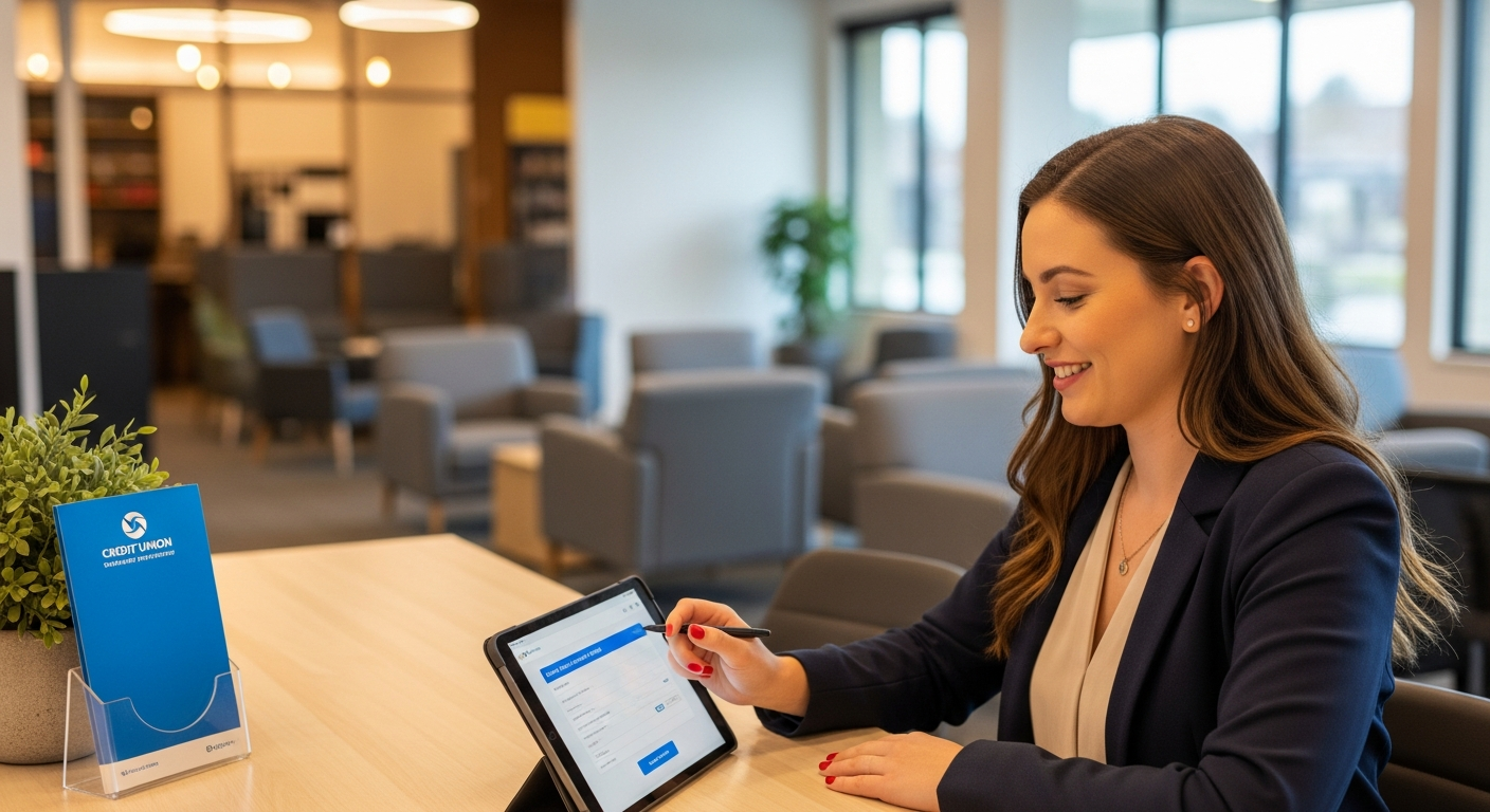 credit union member onboarding digital account opening interface on mobile device with verification steps