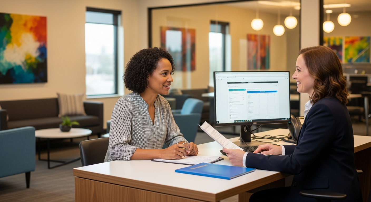 Credit union professional working at a desk with digital payment tools and online banking interface visible on their tablet