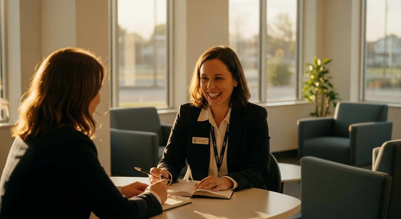 credit union website - Credit union professional analyzing video banking performance data on a tablet in a sunlit branch office