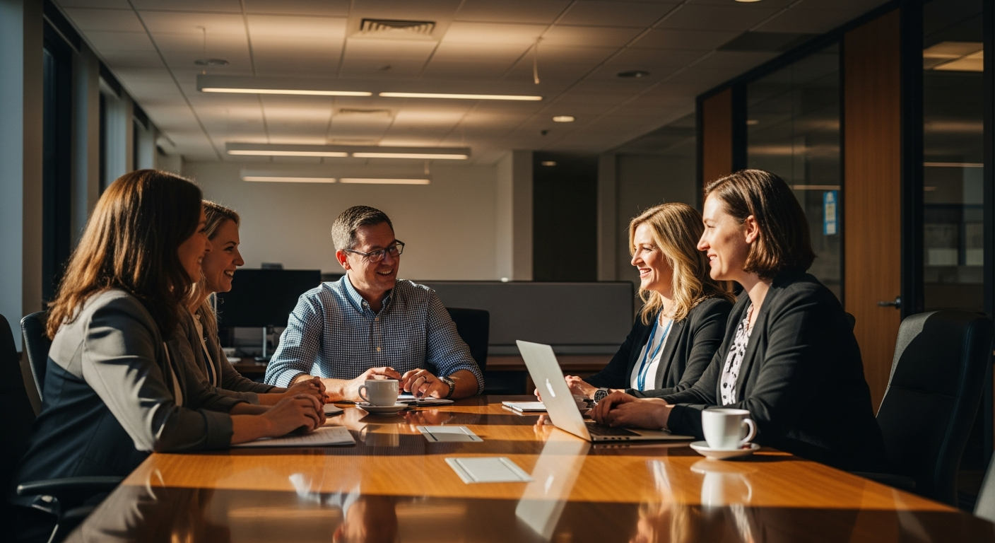 Credit union professionals collaborating around a conference table reviewing digital strategy documents in a sunlit modern office