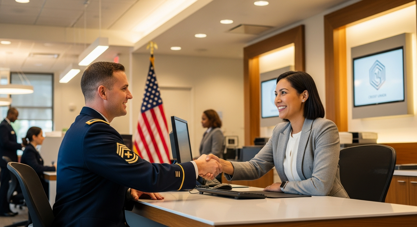 Military service member discussing mortgage and VA loan options with a credit union financial advisor at a modern desk