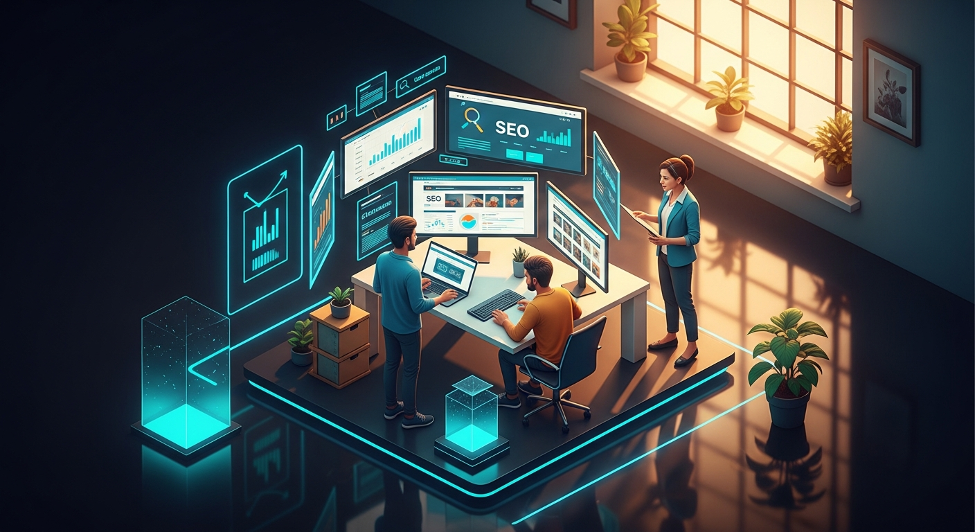 Credit union web developer and marketing director examining website SEO performance metrics and search rankings on multiple monitors in a bright modern office