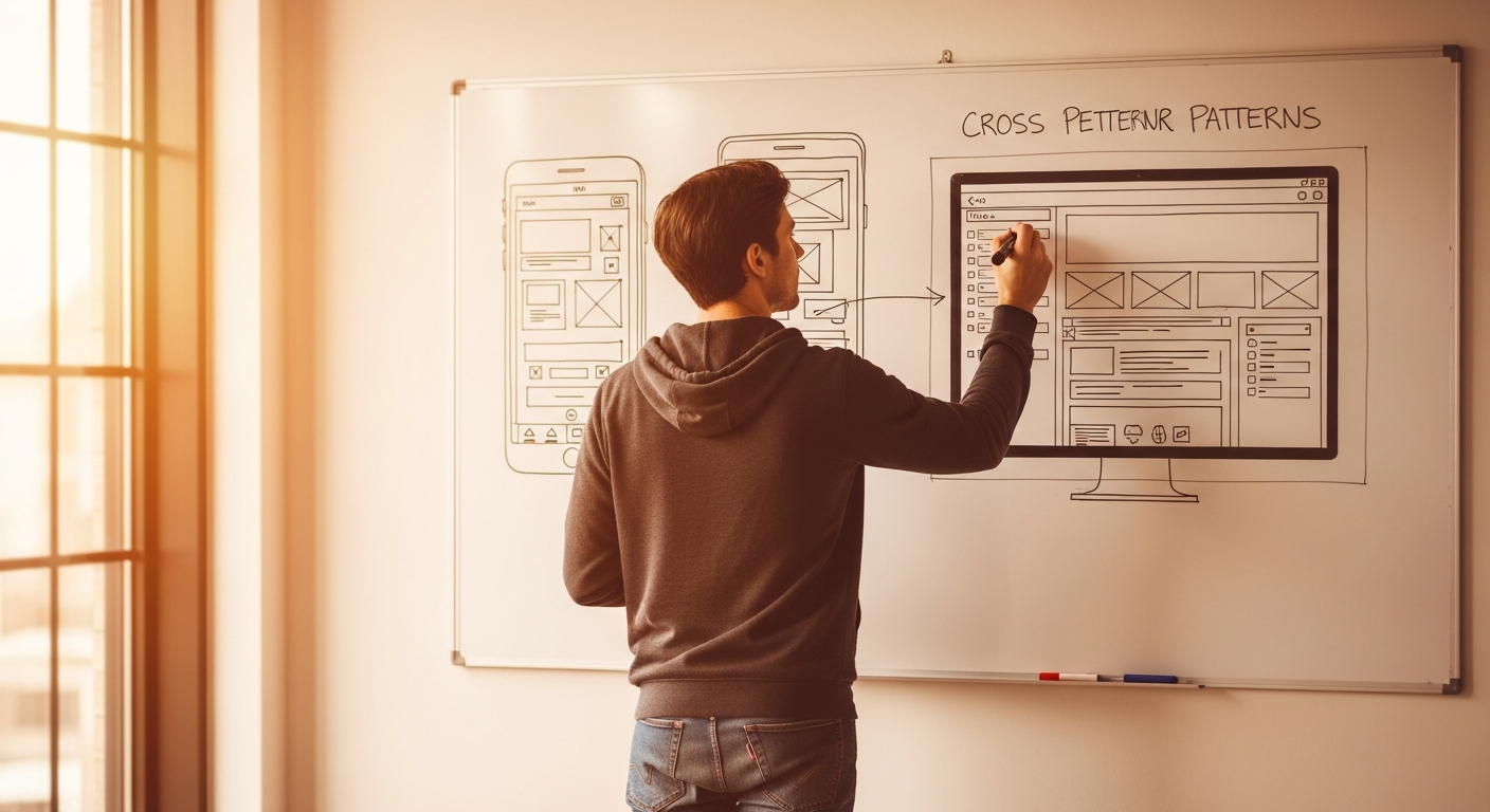 A UX designer sketching mobile and desktop wireframes side by side on a whiteboard, illustrating adaptive consistency across platforms