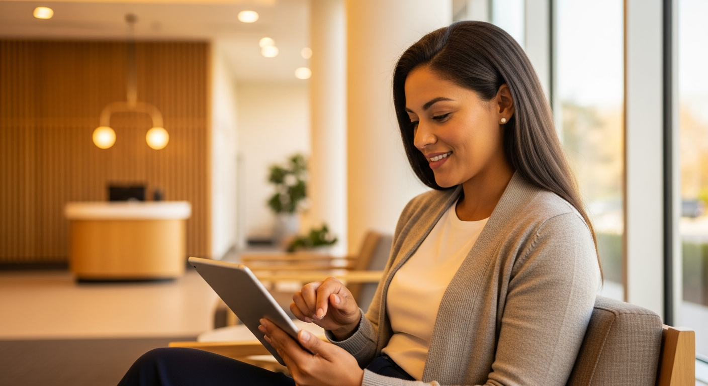 Credit union professional and member collaborating at a desk in a welcoming branch with soft amber light and modern furniture