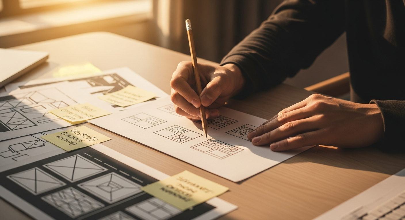 A designer's hands sketching composition thumbnails on paper, exploring different balance approaches for interface layouts