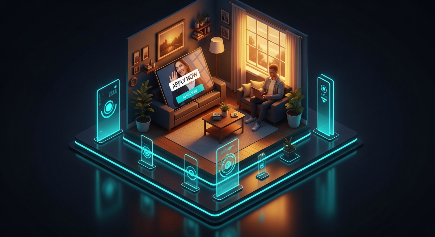 Credit union member comfortably using a tablet to apply for a loan in a sunlit living room, warm evening light